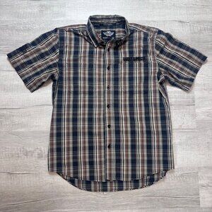 Genuine Men's HARLEY-DAVIDSON Orange Black Plaid Button Shirt Size Large Plaid